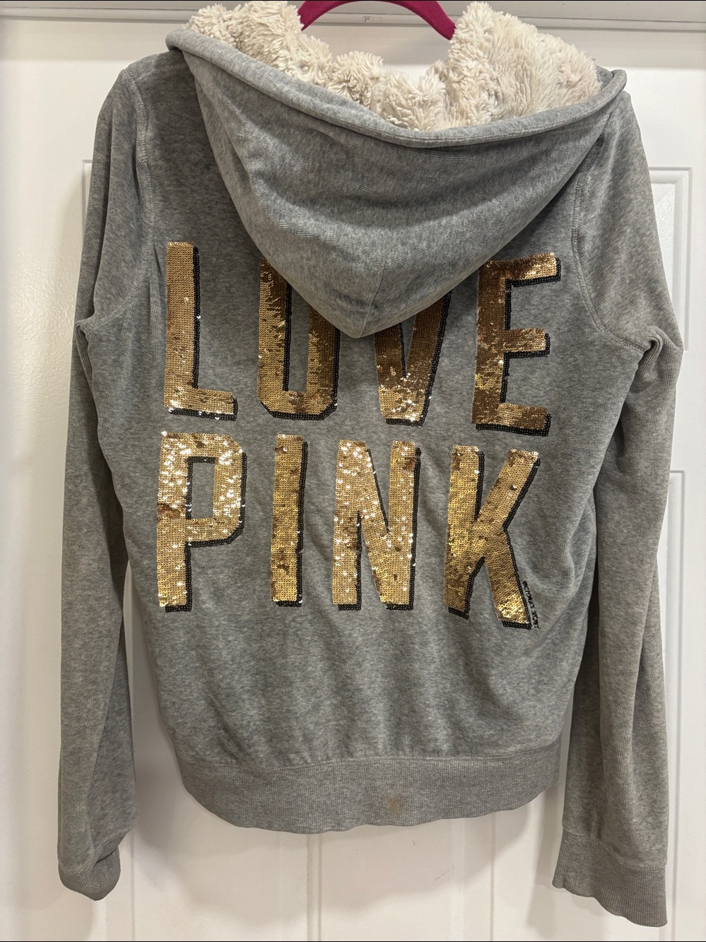 Victoria's Secret PINK Gray Hoodie with Faux Fur Lining and Gold Sequins